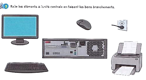 Figure 2: Exemple d’exercice relatif à l’apprentissage du fonctionnement des technologies : relier les périphériques à l’unité centrale (manuel 5 : Cohen, A., et Marcialis, J. (2018). Comprendre les outils numériques et programmer). © Éditions Hatier, 2020.